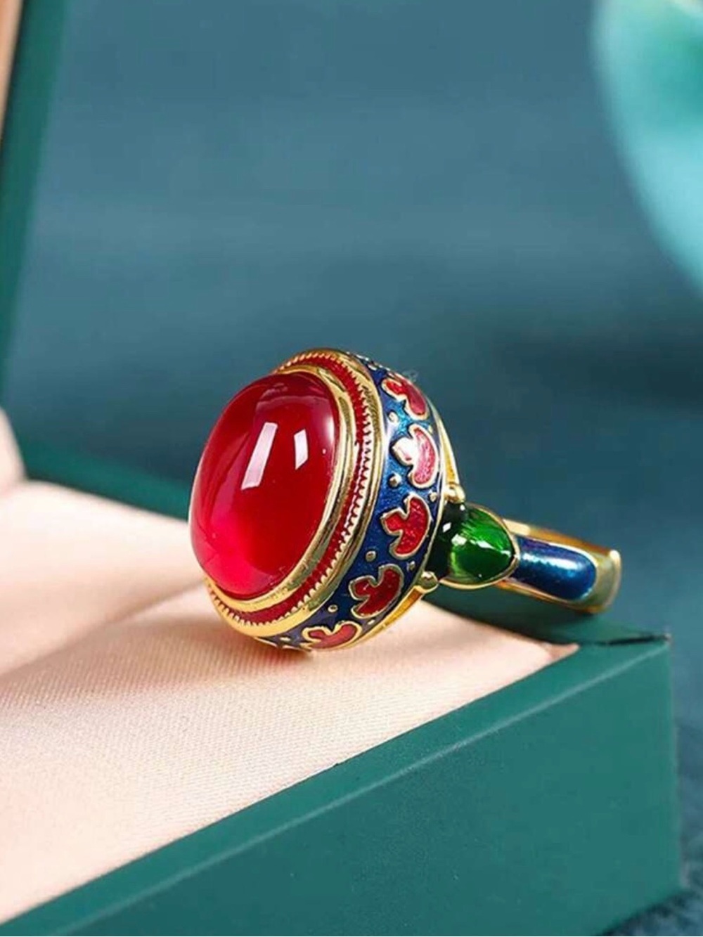 Vintage Enamel Statement Ring – Red Cabochon Gold Tone Cocktail Ring - Picture 4 of 4